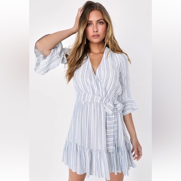 Lulus Dresses & Skirts - Lulus Blue and White Striped Wrap Dress with Bell Sleeves